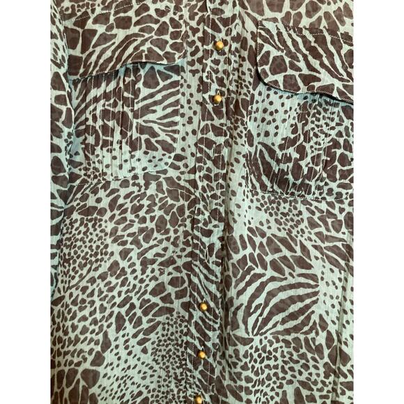 Hoss Intropia Top Womens 38 Medium Teal Green Animal Print Semi Sheer Ruffles - Picture 5 of 13